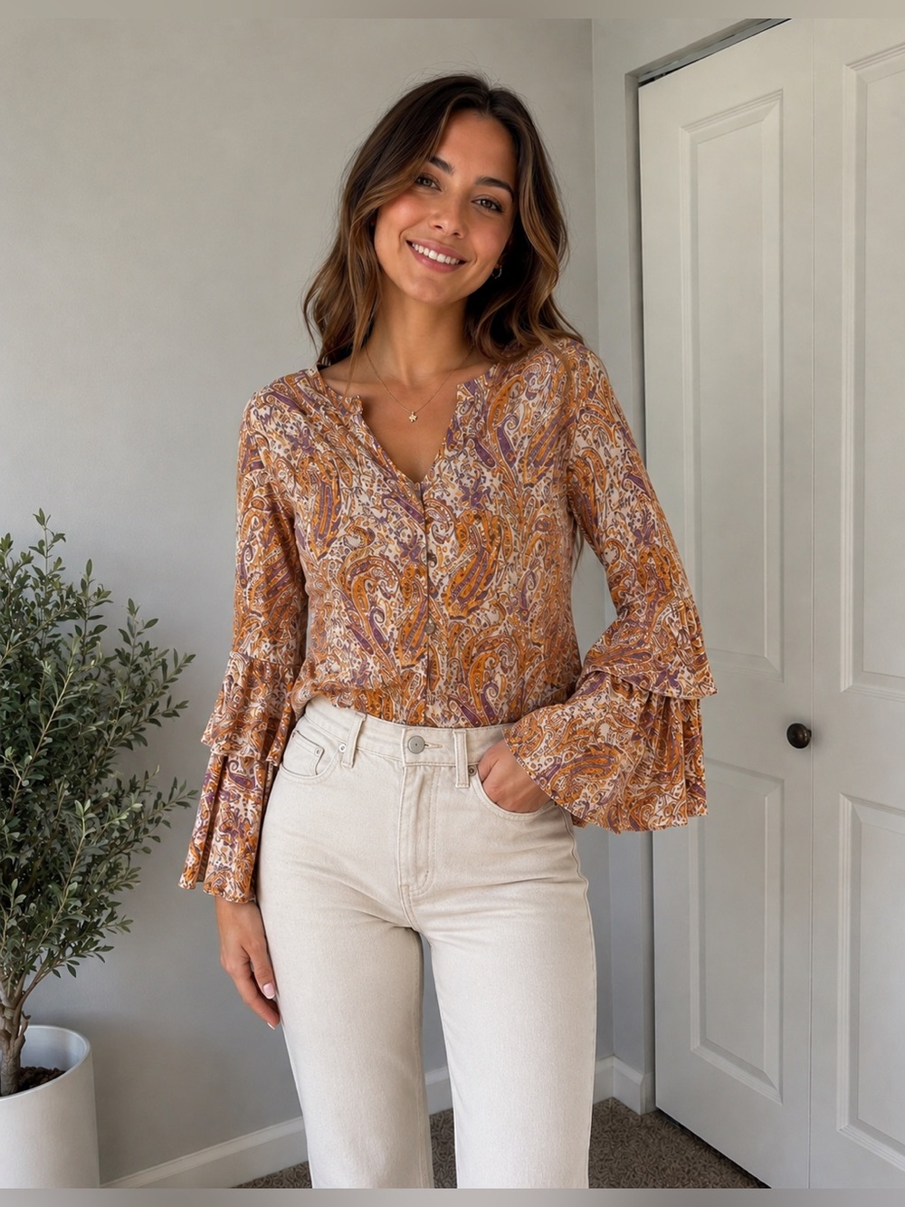 Pink Lily Paisley Bell Sleeve Bodysuit Size Small